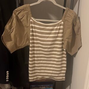 J. Crew Tan and White Striped Puff Sleeve Blouse